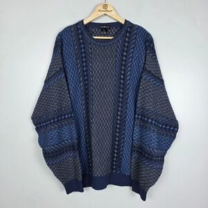 Cotton Traders Mens XL Blue Gray Geometric Pattern 3D Knit Sweater Crew Neck